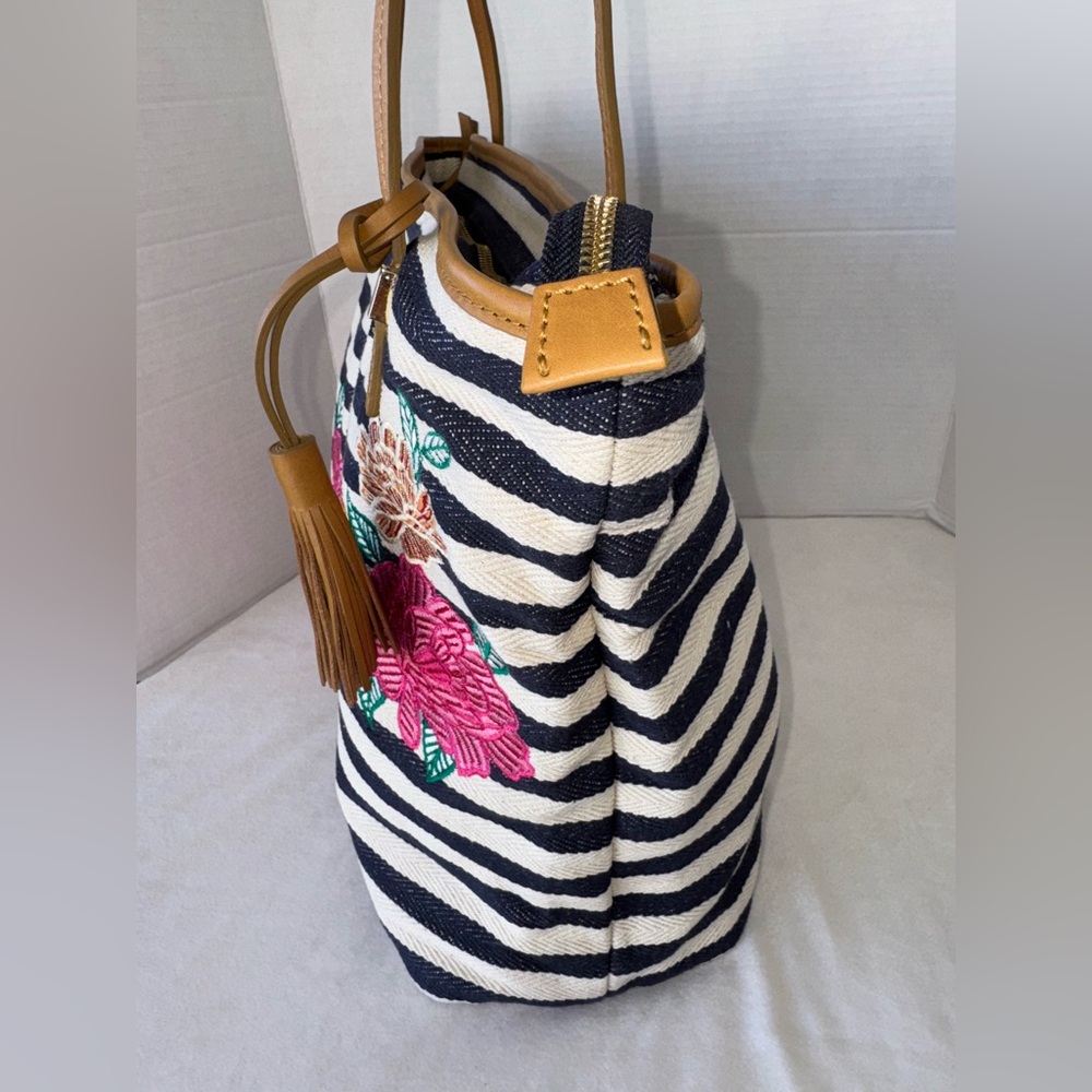 Chico's Striped Vibrant Floral Embroidered Cotton Leather Tote Shoulder Purse - Picture 6 of 14